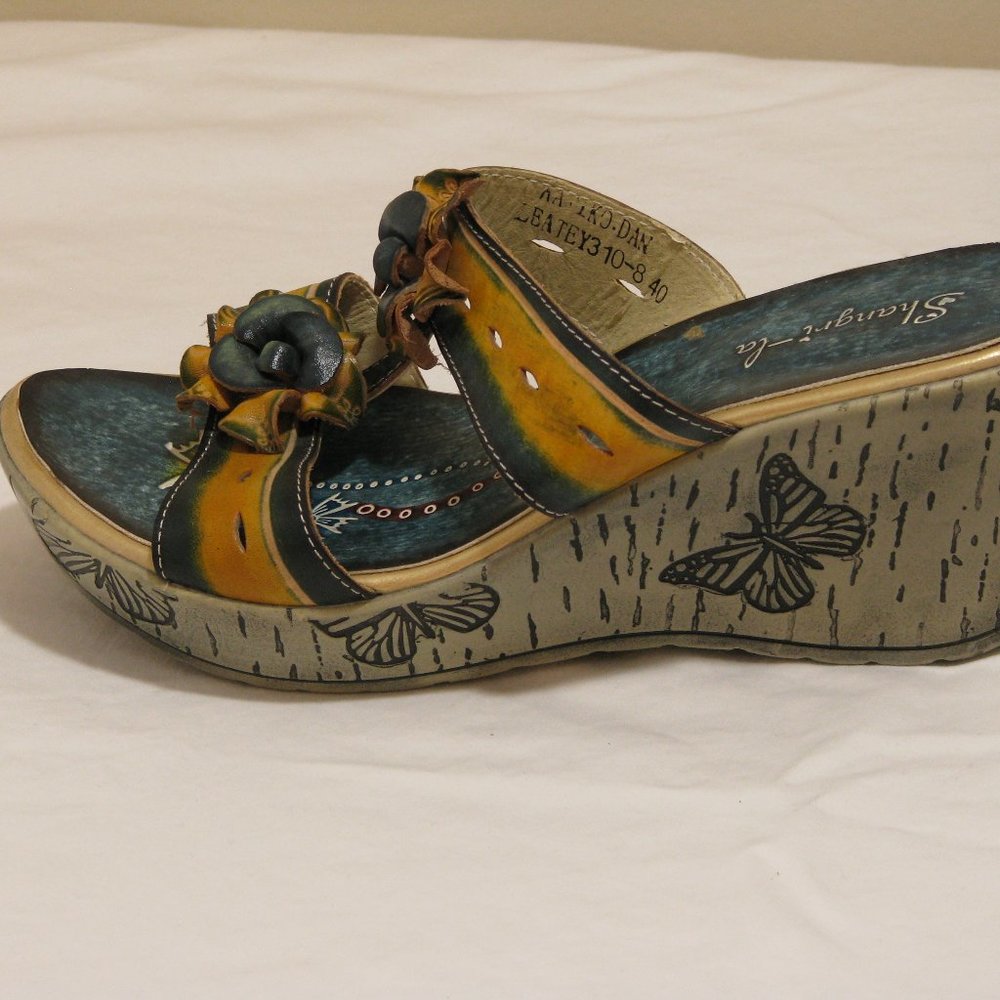 Shangri-La Teal and Apricot Wedge Sandals